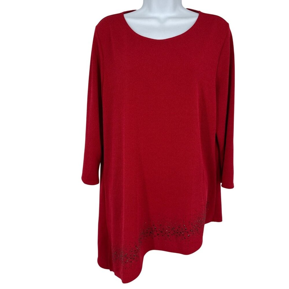 Chico's Red Asymmetrical Hem Top With Rhinestone Embellishments Size 2 US L
